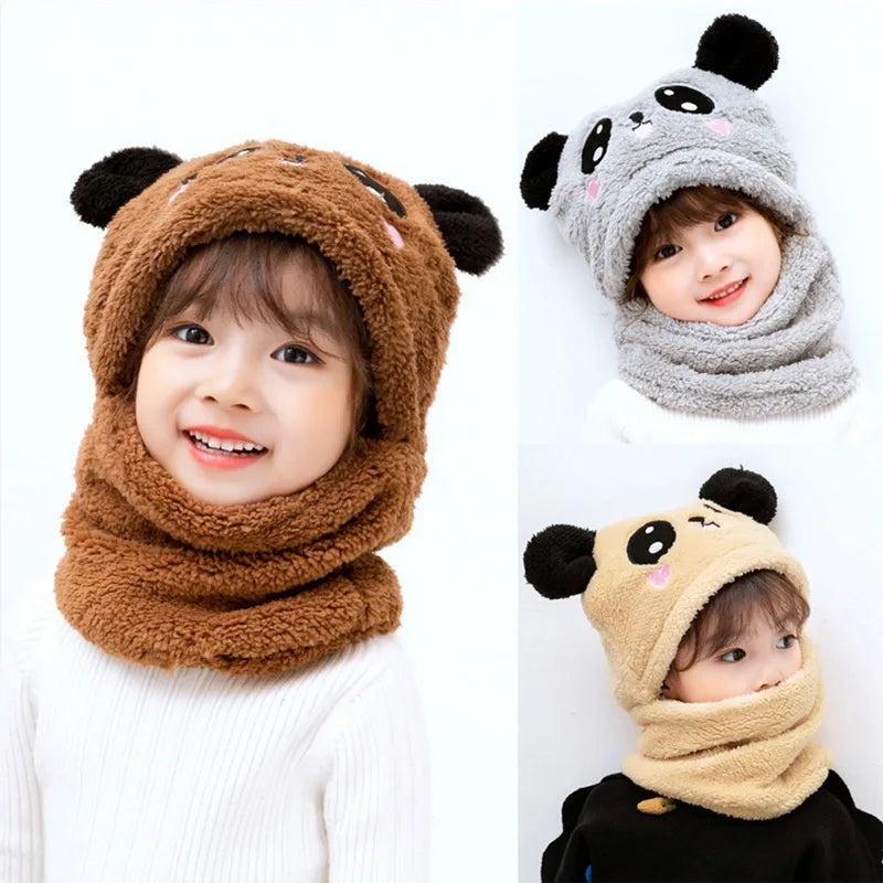 Winter Kids Plus Fleece Beanie Hats Cartoon Bear Thick Warm