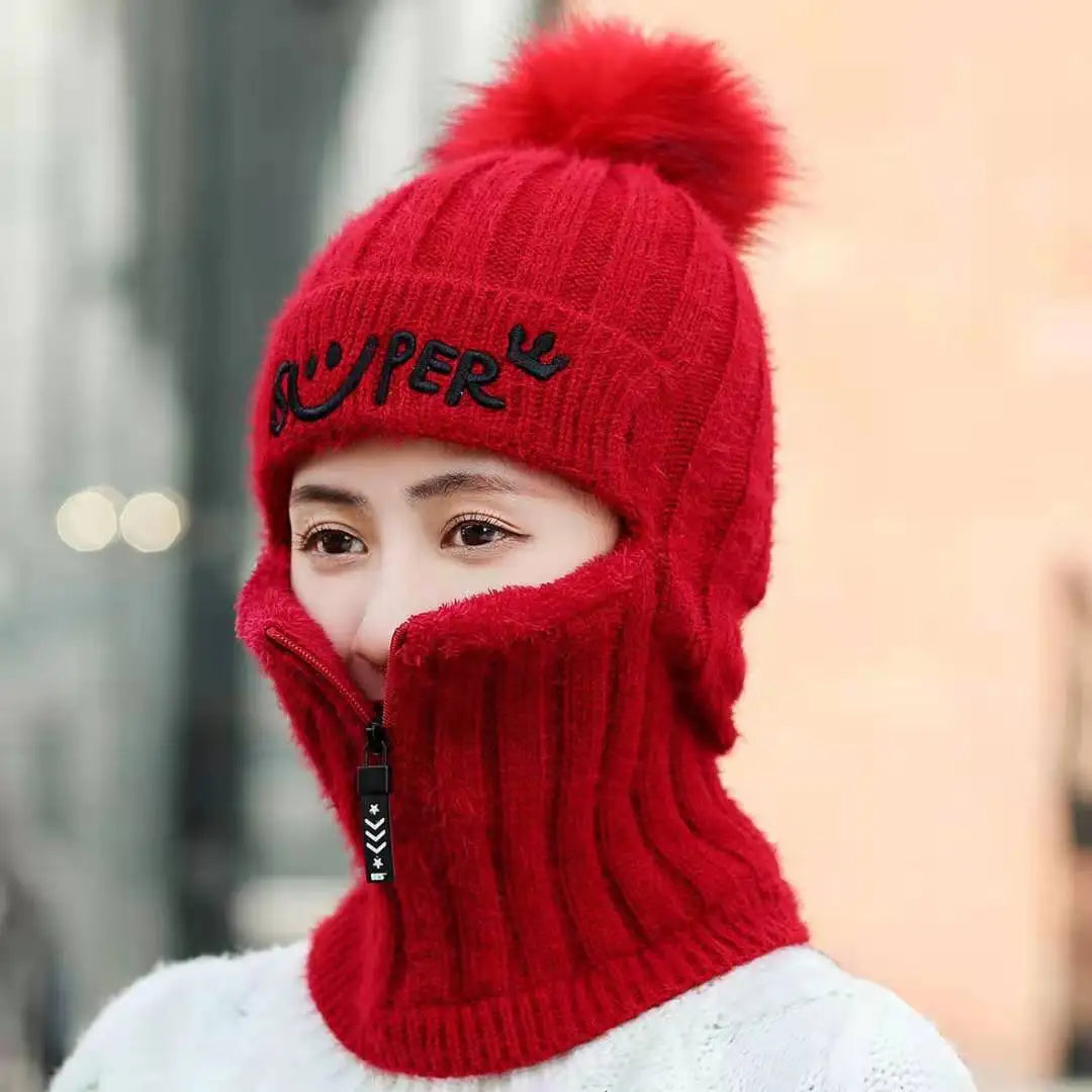 Coral Fleece Winter Women Earflaps Knitted Hats Women Zipper Scarf Keep Face Thick Warmer Balaclava Pompoms Caps