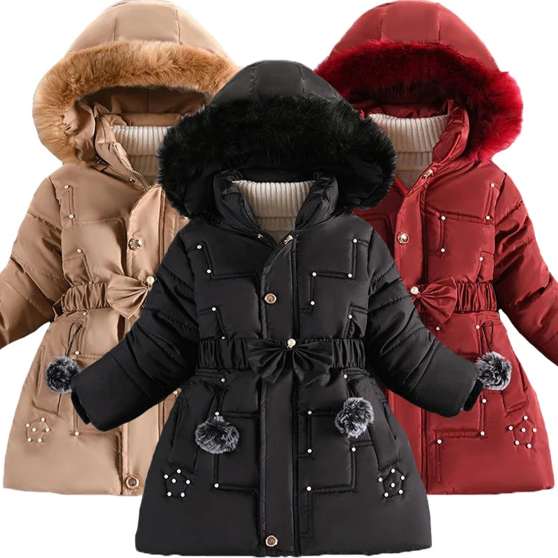 Girls Jacket Detachable Hat Plush Collar Hooded Padded Lining