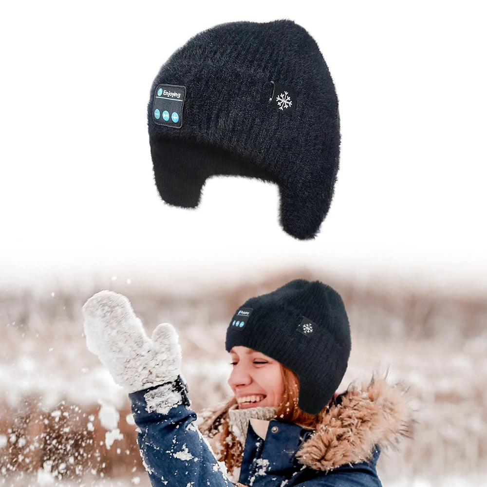 Men Women Winter Knit Hat with Ear Flaps Music Speaker Hat