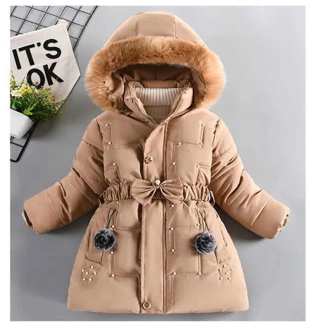 Girls Jacket Detachable Hat Plush Collar Hooded Padded Lining