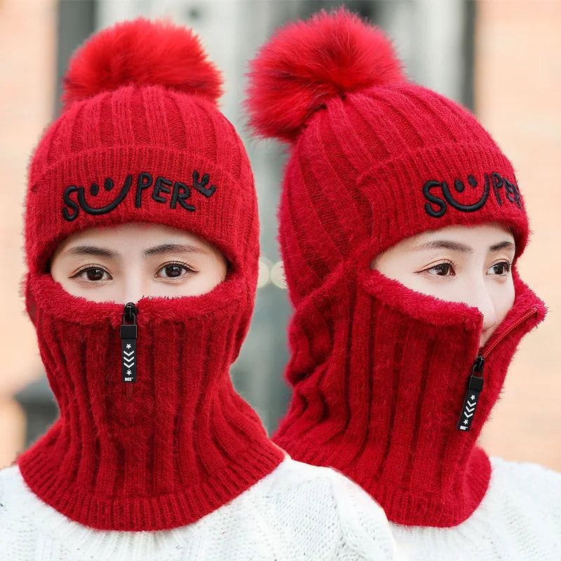 Coral Fleece Winter Women Earflaps Knitted Hats Women Zipper Scarf Keep Face Thick Warmer Balaclava Pompoms Caps