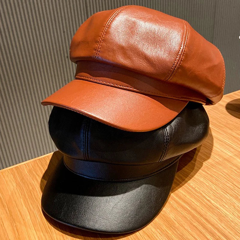 Women Men PU Leather Berets Winter Warm Octagonal Hats  Caps