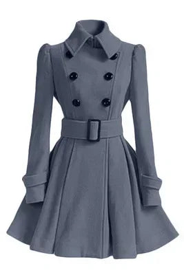 Overcoat Jacket Warm A-line Loose Hem Tight Waist Woolen Blends with Belt