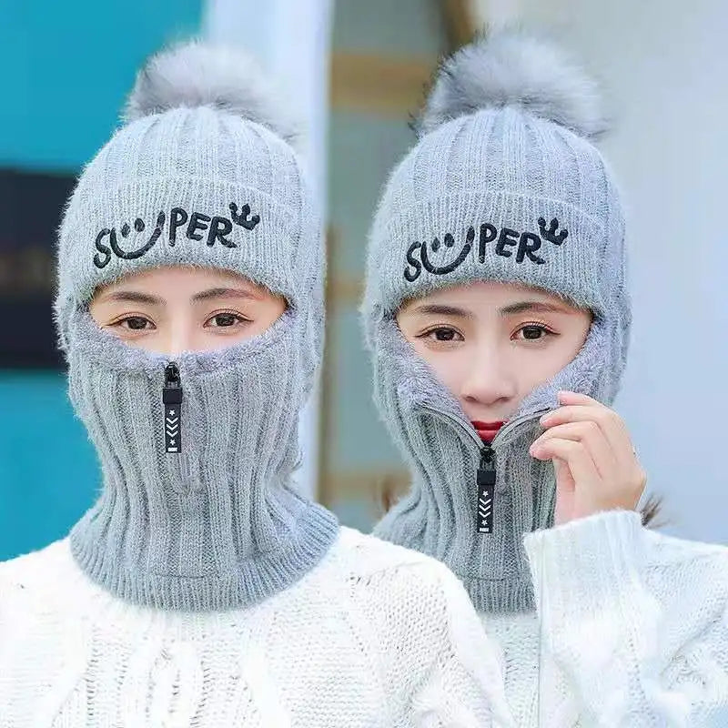 Coral Fleece Winter Women Earflaps Knitted Hats Women Zipper Scarf Keep Face Thick Warmer Balaclava Pompoms Caps