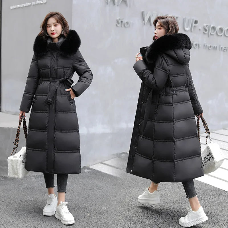 Women Parkas Hooded Belt Slim Fit Long Coats