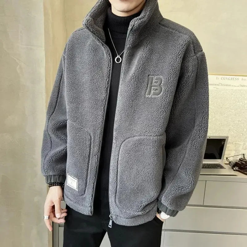 Korean Fashion New Lamb Fleece Jacket Men Autumn Winter