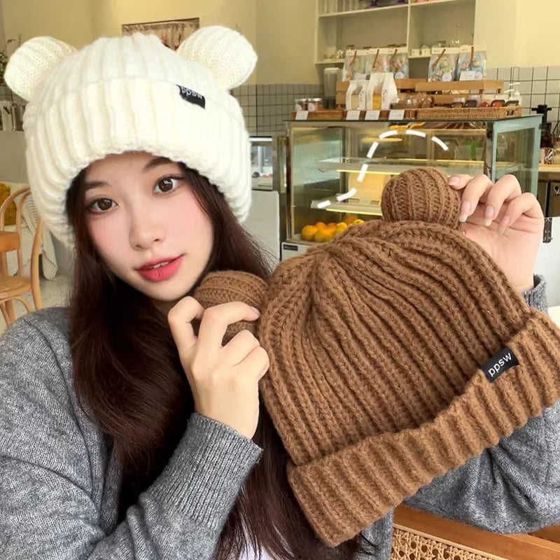 Cute Bear Ear Knitted Wool Hat for Winter