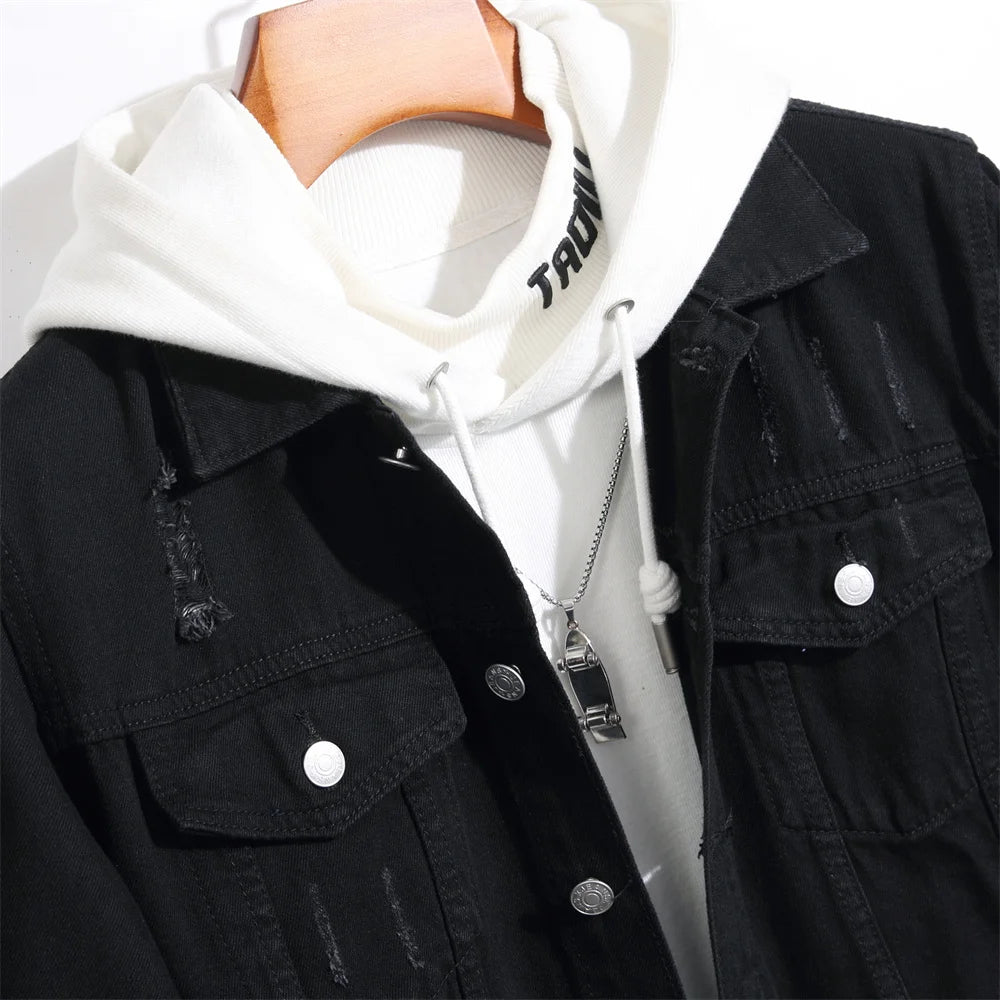 High quality Streetwear Black Ripped Casual Jeans Jacket Coat