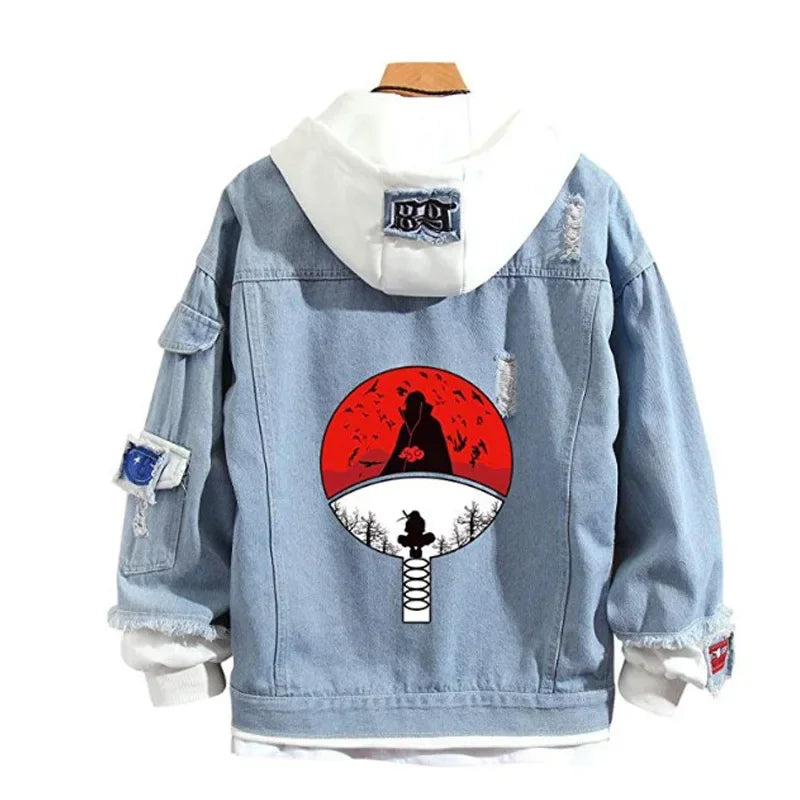 Anime Naruto Denim Bomber Jacket Sasuke Hooded Jeans Sweatshirt