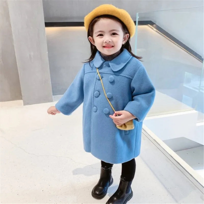 Girls Double Breasted Woolen Coats Autumn Winter Trench Jacket Coat Kids Outerwear