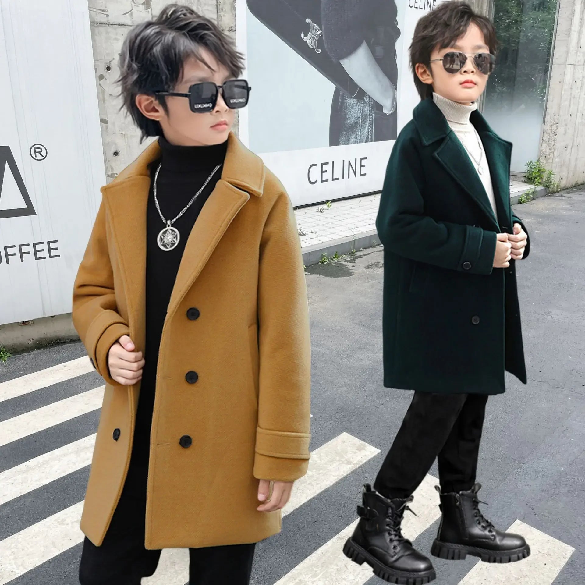 Boys Winter & Fall Chesterfield Single Breasted Warm Coat Kids Solid Velvet Thick Woolen Jacket