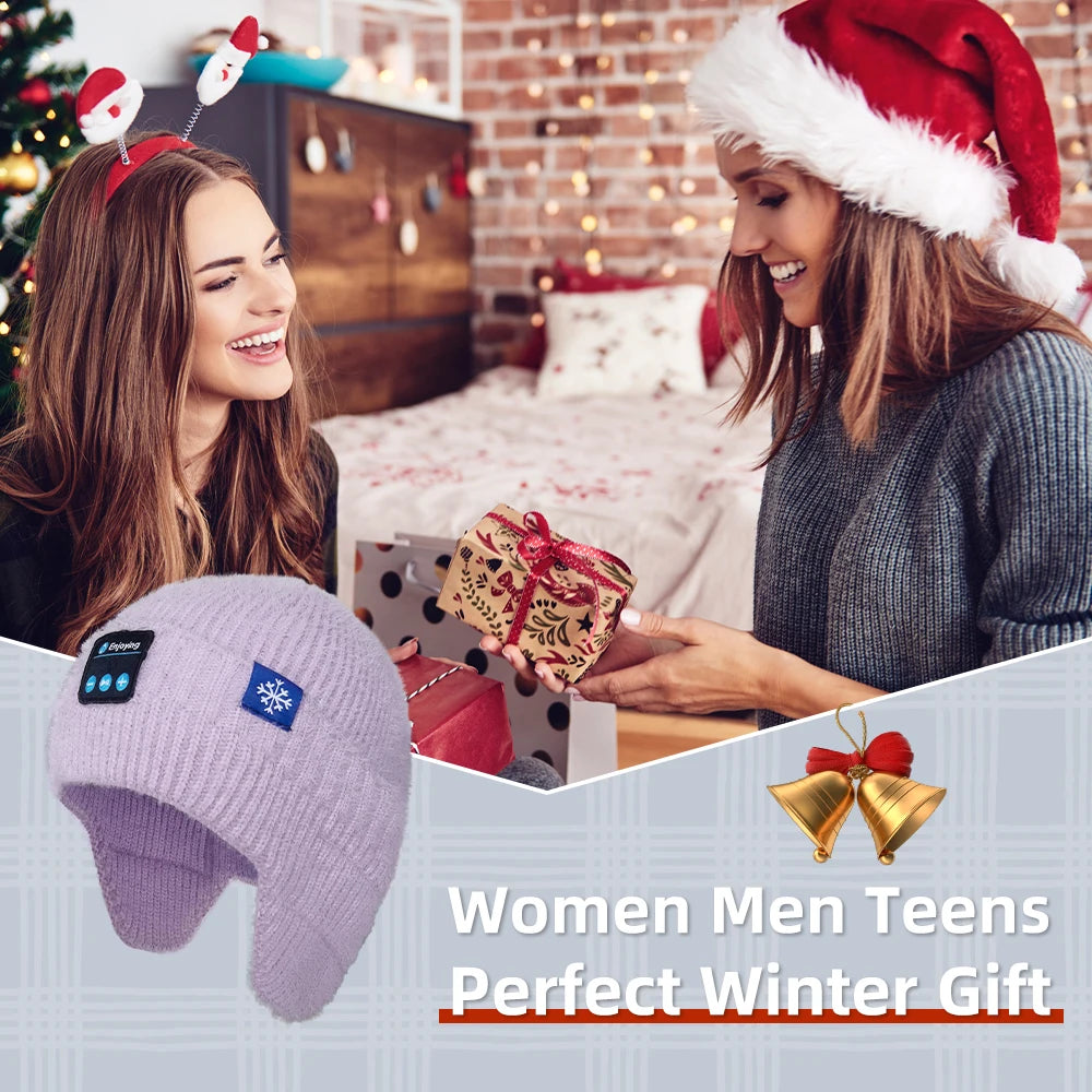 Men Women Winter Knit Hat with Ear Flaps Music Speaker Hat