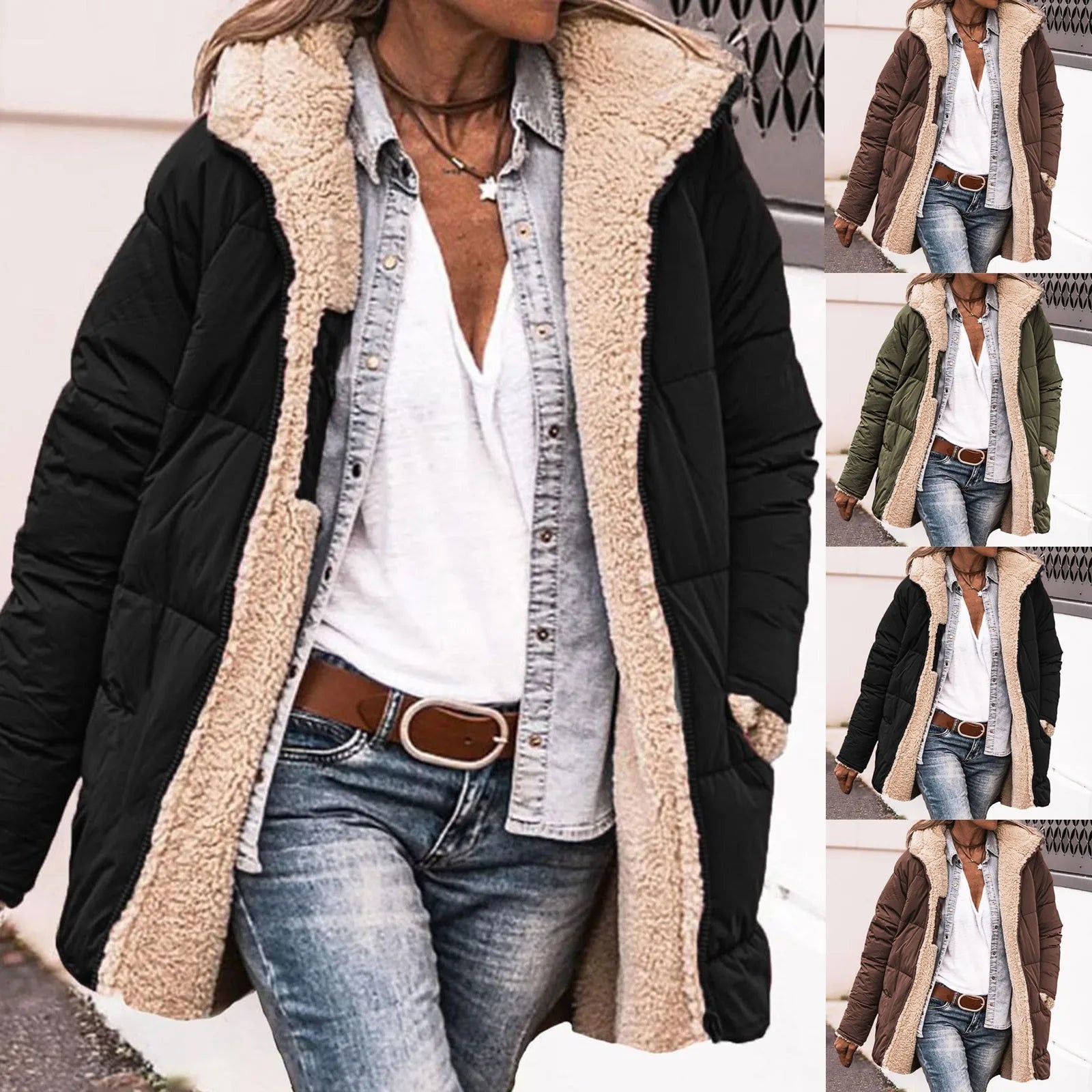 2024 New Winter Women Cotton Jacket Fleece Casual Slim Coat Hooded Parkas