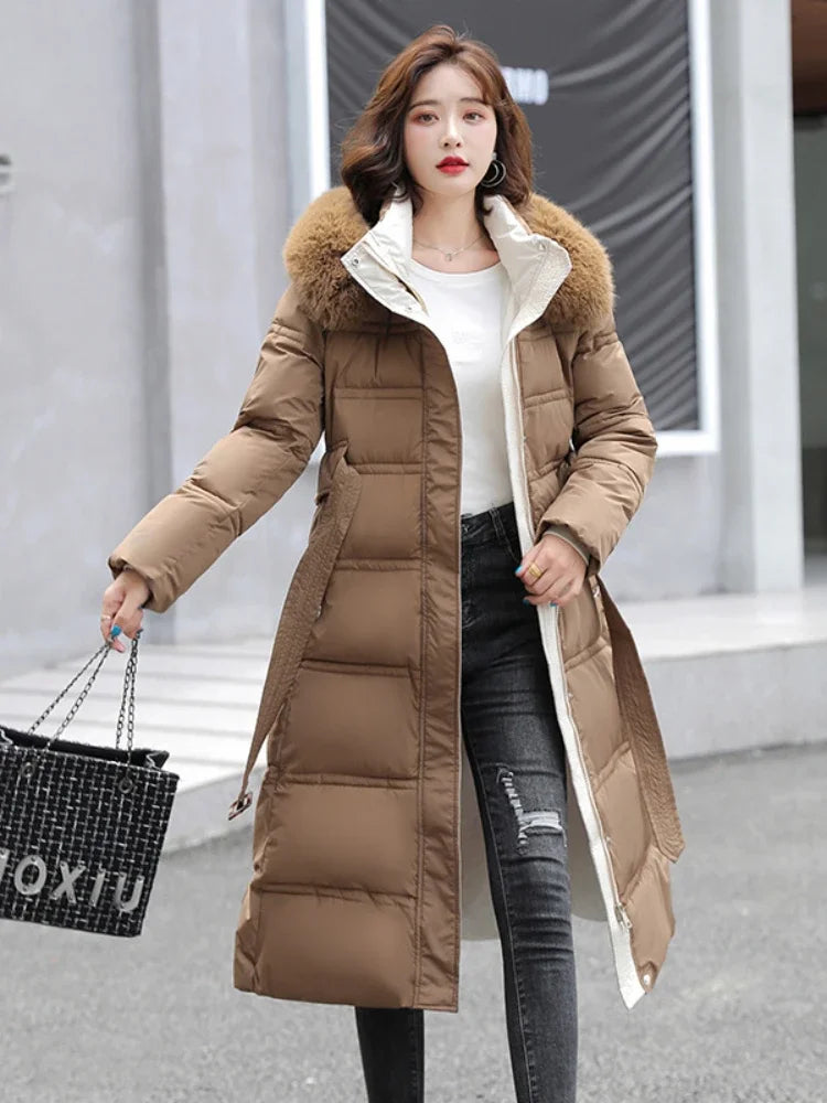 Women Parkas Hooded Belt Slim Fit Long Coats