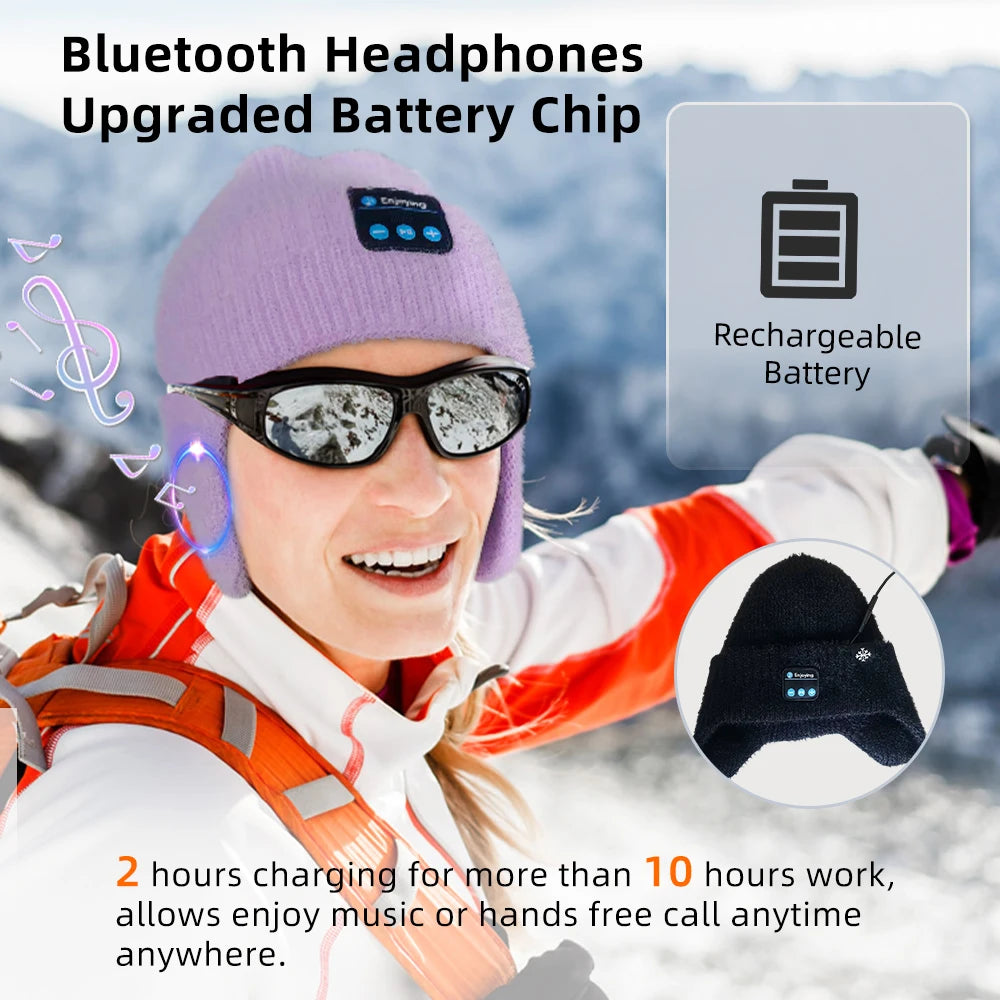 Men Women Winter Knit Hat with Ear Flaps Music Speaker Hat