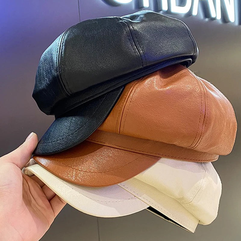 Women Men PU Leather Berets Winter Warm Octagonal Hats  Caps