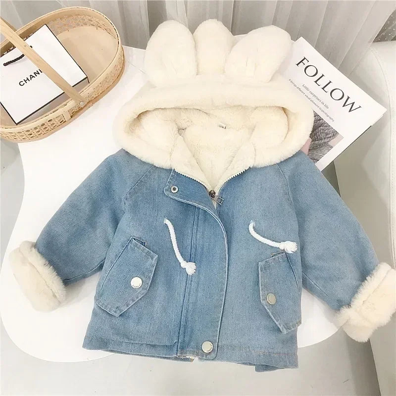 Cute Rabbit Ears Hooded Velvet Fur Jackets Outerwear Children Overcoat 1-6Y