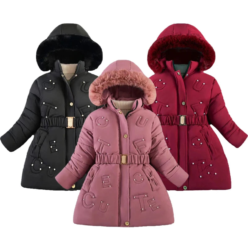 Long Hooded Coats For Girls Thick Warm Down Cotton Snowsuit