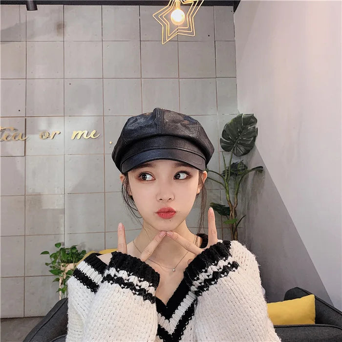 Women Men PU Leather Berets Winter Warm Octagonal Hats  Caps