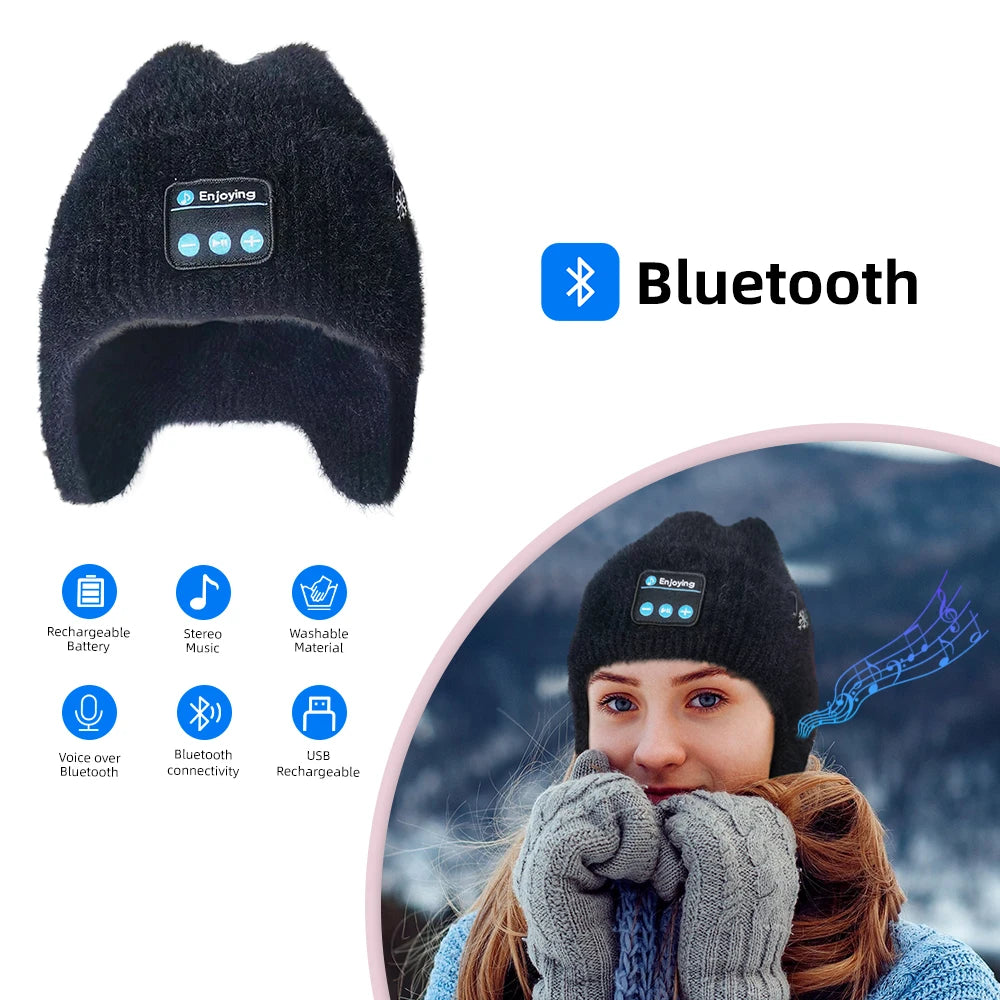 Men Women Winter Knit Hat with Ear Flaps Music Speaker Hat