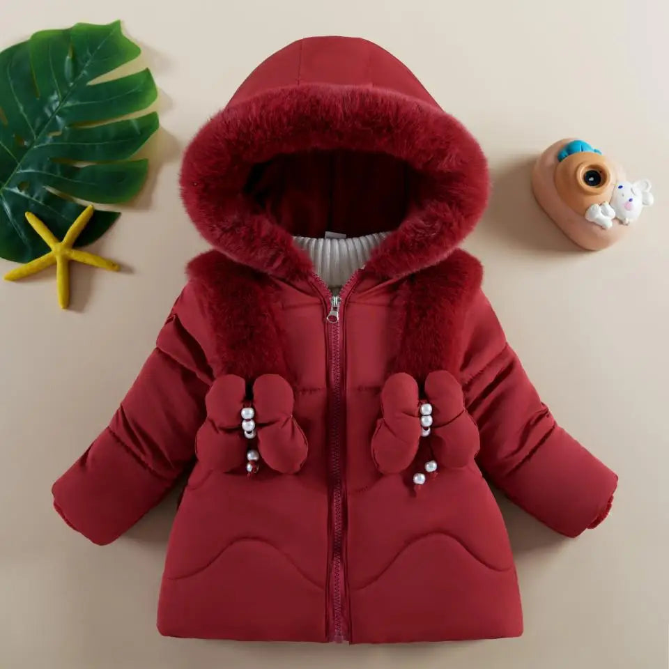 Color Butterfly Decoration Lining Plush Warm Hooded Zipper Down Cotton Outwear