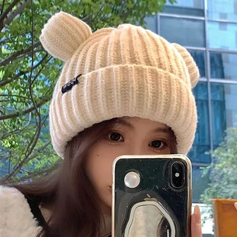 Autumn And Winter Cute Bear Ears Knitted Wool Hat