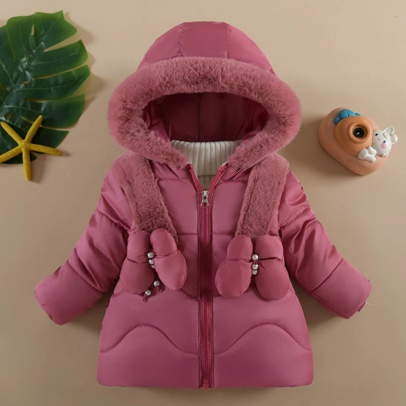 Color Butterfly Decoration Lining Plush Warm Hooded Zipper Down Cotton Outwear