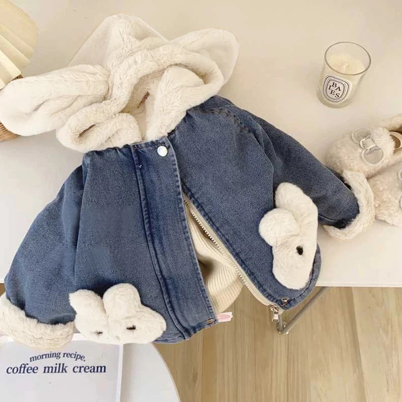 Cute Plush Rabbit Ears Hooded Coats For Girl Children Outerwear Clothing 2-8Y