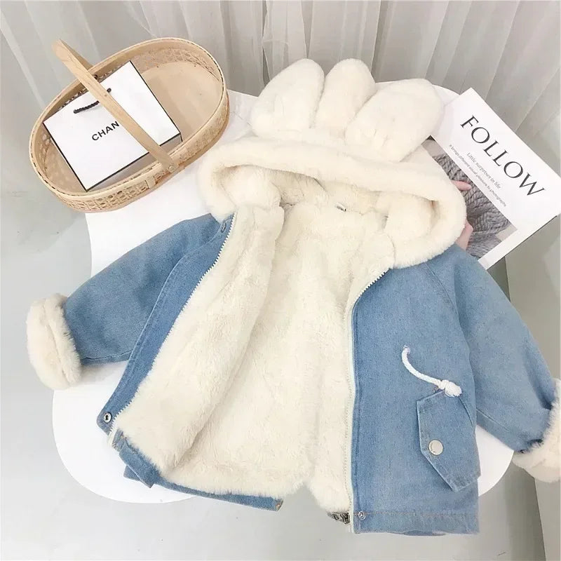 Cute Rabbit Ears Hooded Velvet Fur Jackets Outerwear Children Overcoat 1-6Y