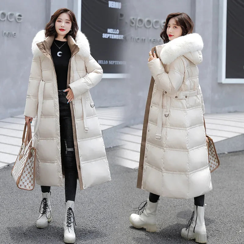 Women Parkas Hooded Belt Slim Fit Long Coats