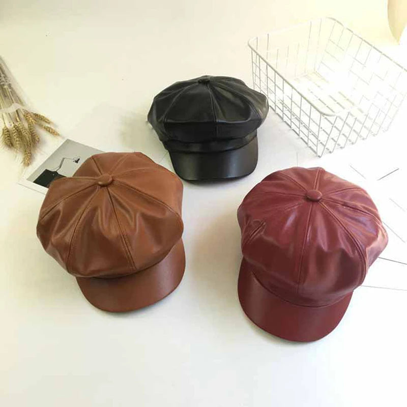 Women Men PU Leather Berets Winter Warm Octagonal Hats  Caps