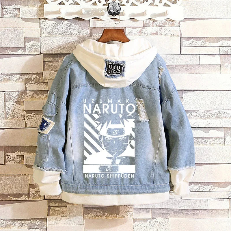 Anime Naruto Denim Bomber Jacket Sasuke Hooded Jeans Sweatshirt