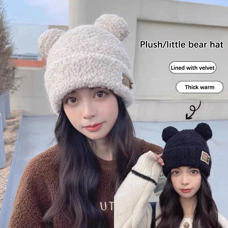 Fae Bear Ear Hat Casual Couple Knitted Plush Soft