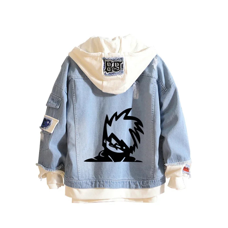 Anime Naruto Denim Bomber Jacket Sasuke Hooded Jeans Sweatshirt