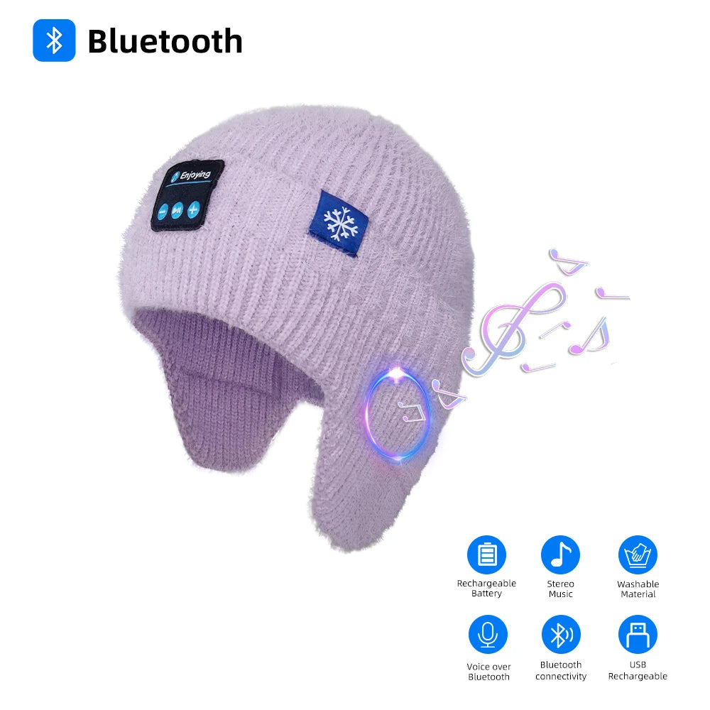 Men Women Winter Knit Hat with Ear Flaps Music Speaker Hat