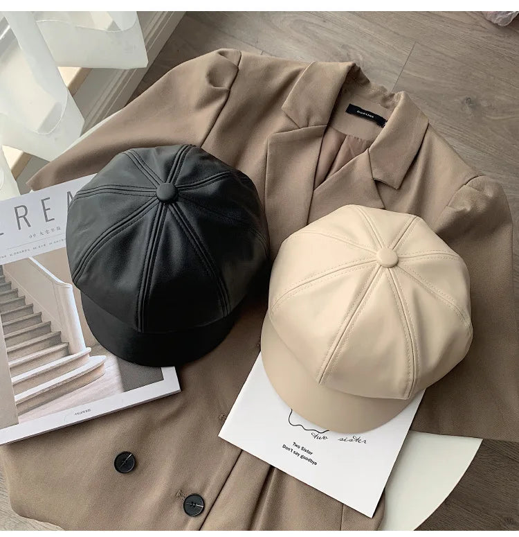 Women Men PU Leather Berets Winter Warm Octagonal Hats  Caps