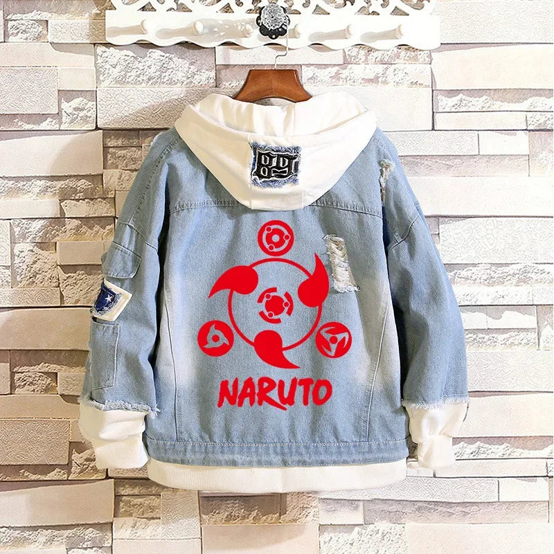 Anime Naruto Denim Bomber Jacket Sasuke Hooded Jeans Sweatshirt