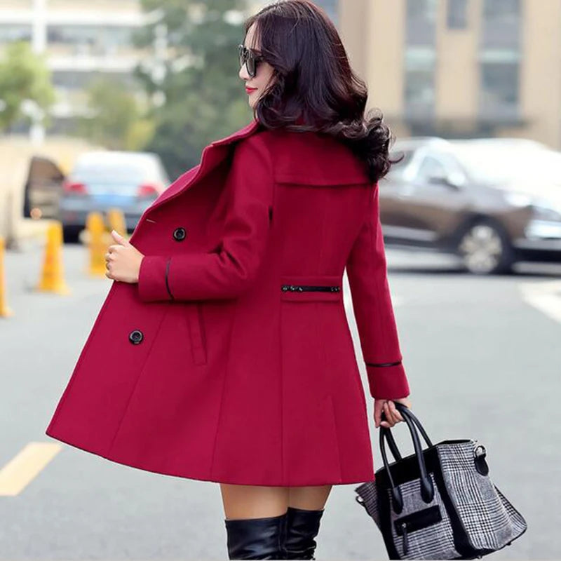 Autumn Winter Fashion Women Yellow Red Orange Wool Coat Double Breasted Coa