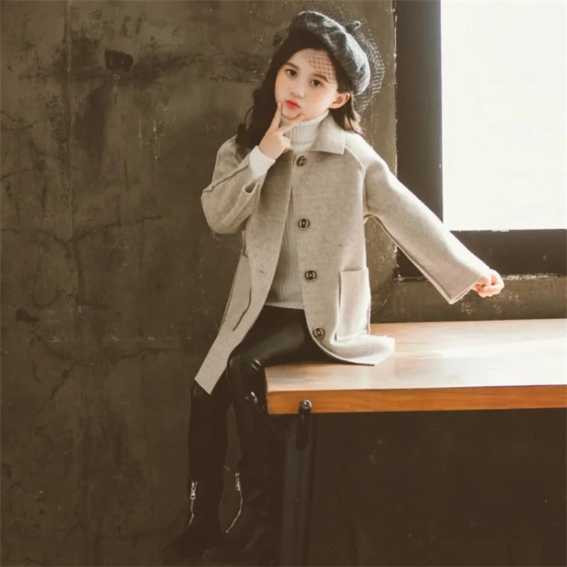 Kids Winter Wool Blend Coats Vintage Fashion Teen Girls Beige Long Jackets Warm