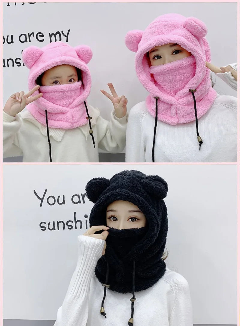 Winter Cute Cartoon Plush Bear Ears Children's Hat Balaclava Warm Hooded Hat Ear Protection Cap Windproof Thick Warm Neck Cover