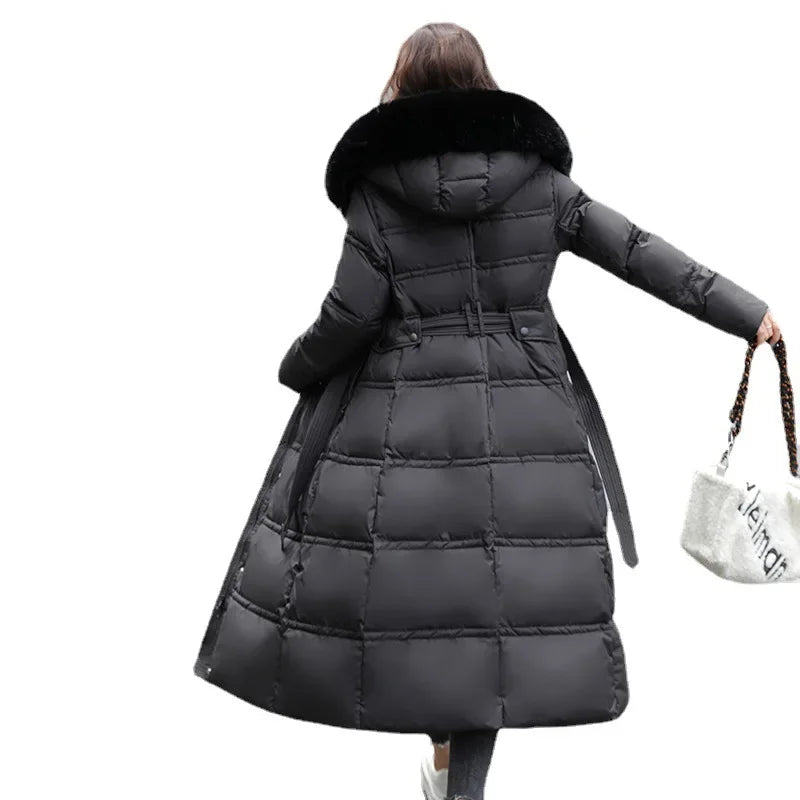 Women Parkas Hooded Belt Slim Fit Long Coats