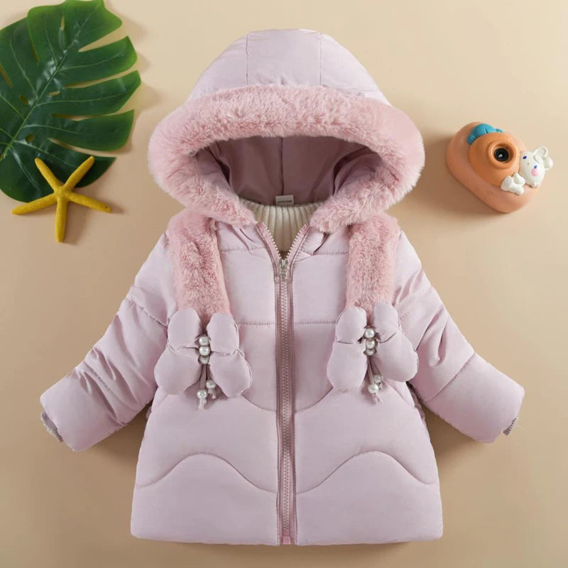 Color Butterfly Decoration Lining Plush Warm Hooded Zipper Down Cotton Outwear