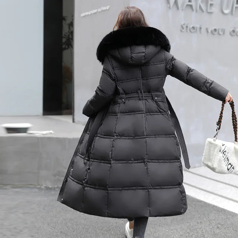 Women Parkas Hooded Belt Slim Fit Long Coats