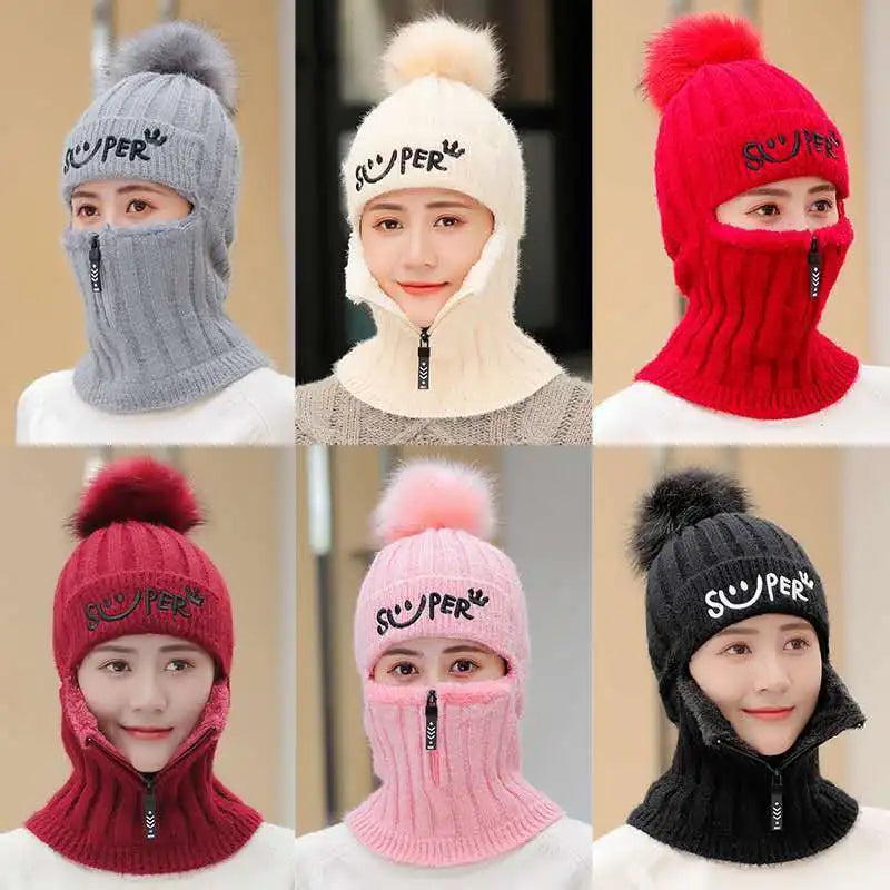 Coral Fleece Winter Women Earflaps Knitted Hats Women Zipper Scarf Keep Face Thick Warmer Balaclava Pompoms Caps