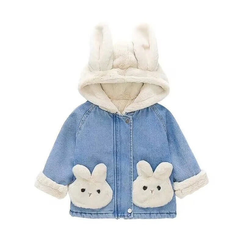 Cute Plush Rabbit Ears Hooded Coats For Girl Children Outerwear Clothing 2-8Y