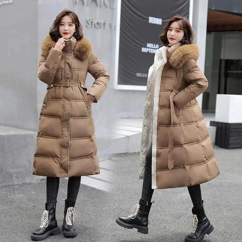 Women Parkas Hooded Belt Slim Fit Long Coats