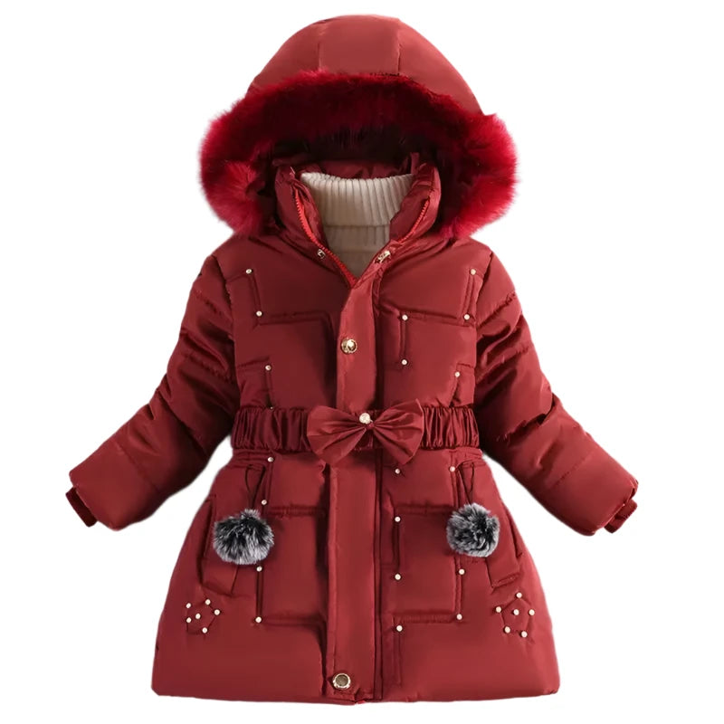 Girls Jacket Detachable Hat Plush Collar Hooded Padded Lining