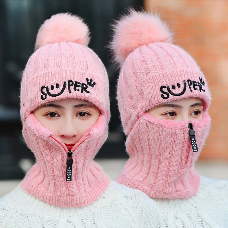 Coral Fleece Winter Women Earflaps Knitted Hats Women Zipper Scarf Keep Face Thick Warmer Balaclava Pompoms Caps