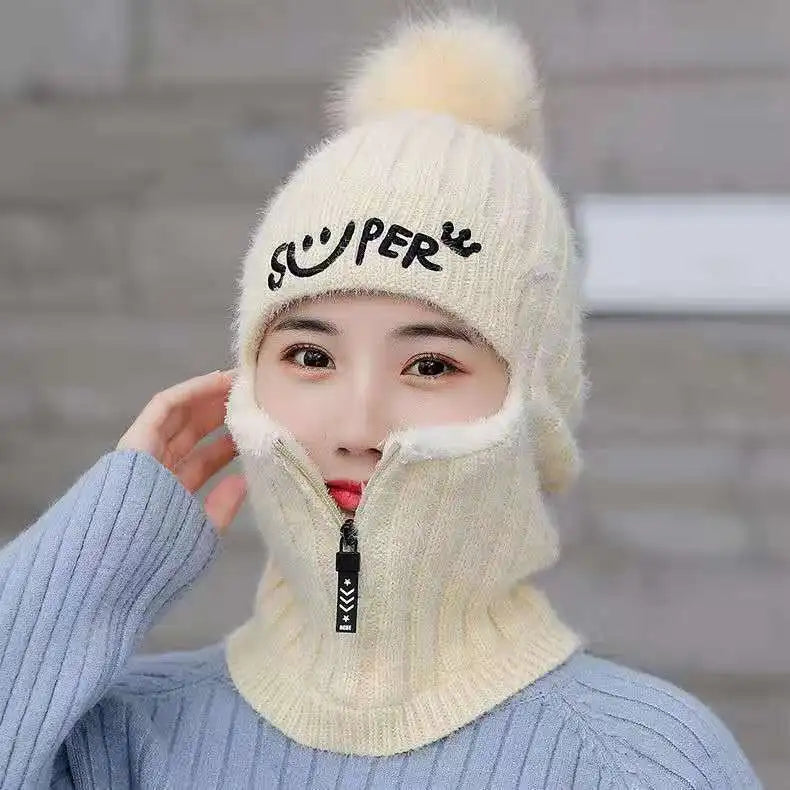 Coral Fleece Winter Women Earflaps Knitted Hats Women Zipper Scarf Keep Face Thick Warmer Balaclava Pompoms Caps